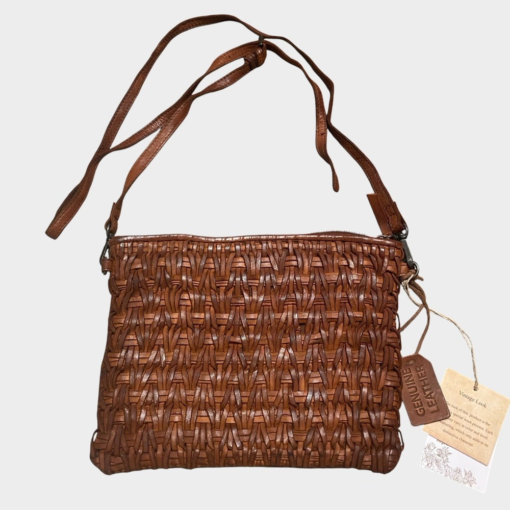 Genuine Leather Woven Crossbody Bag Brown 10x8.5" Western Boho Chic Equestrian
